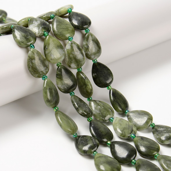 Green Jade, Natural, Smooth, Teardrop , One 13x18mm Strand