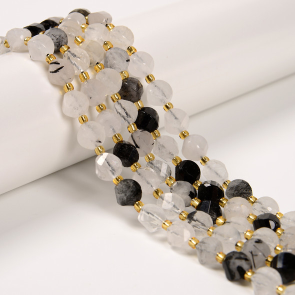 Rutilated Quartz, Black, Natural, Faceted Twisted Helix Beads, One 8mm Strand