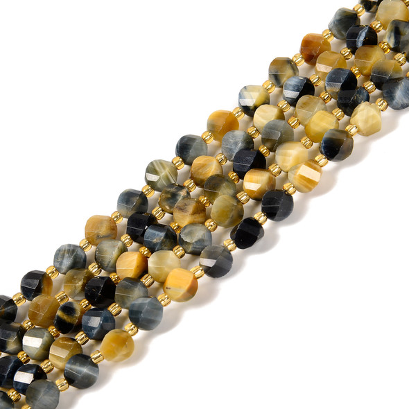 Tiger's Eye, Golden & Blue, Heated, Faceted Twisted Helix Beads, One 8mm Strand