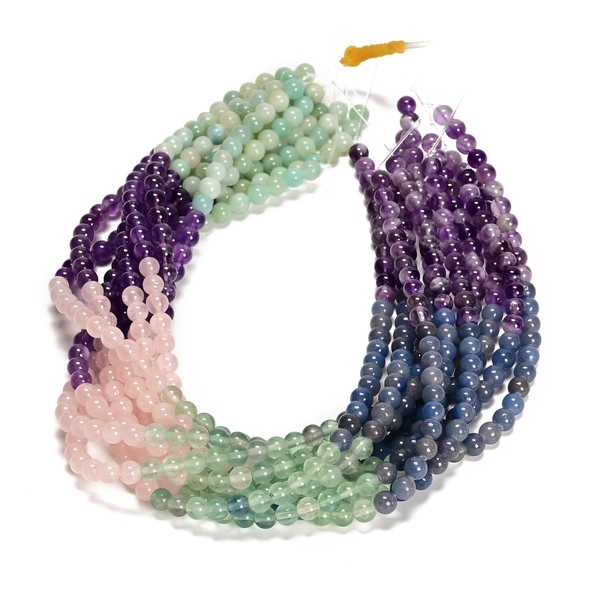 6mm Mix, Amazonite, Amethyst, Rose Quartz, Fluorite, Aventurine, Smooth Round