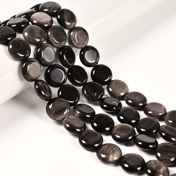 Obsidian, Silver, Natural, Smooth Coin, One 15mm Strand