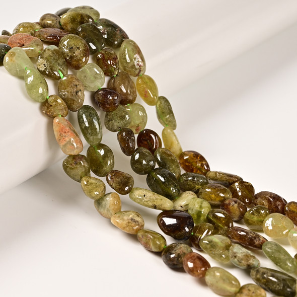 Garnet, Green, Natural, Smooth, Nuggets, Varied Sizes, One 10-12mm Strand