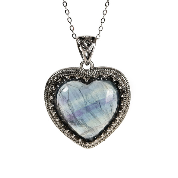 Fluorite, Faceted, Natural, Heart Studded, One Pendant, 35x25mm