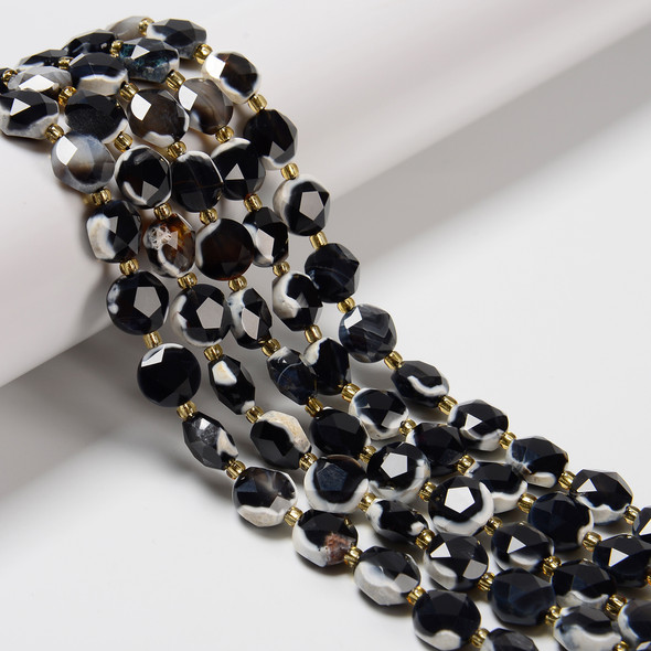 Fire Agate, Black, Dyed, Faceted, Hexagon Coin, One 10mm Strand