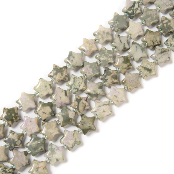 Peace "Jade", Natural Serpentine and White Quartz, Natural, Smooth, Stars, One 15mm Strand