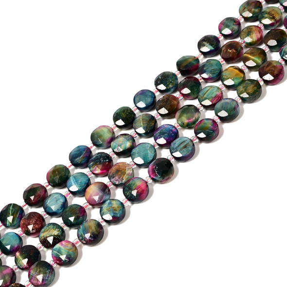 Tiger Eye, Rainbow, Heated, Faceted, Hexagon Coin, One 10mm Strand