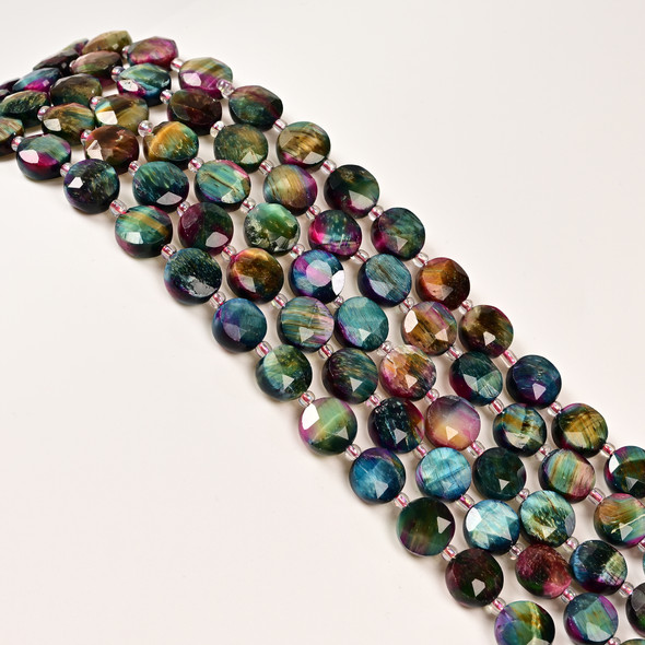 Tiger Eye, Rainbow, Heated, Faceted, Hexagon Coin, One 10mm Strand