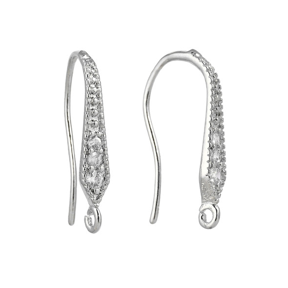Ear Wires, 16mm, 24 gauge, Silver Plated over Copper with Crystal, 1 pair