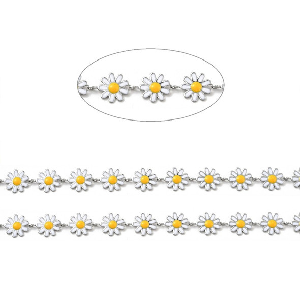 Stainless Steel Chain, 10mm, Flower w/ Enamel, White, 3.3 ft.