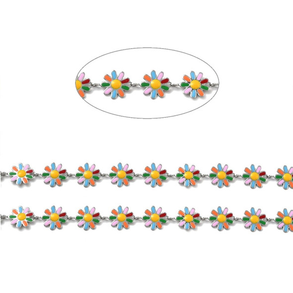 Stainless Steel Chain, 10mm, Flower w/ Enamel, Multicolor, 3.3 ft.