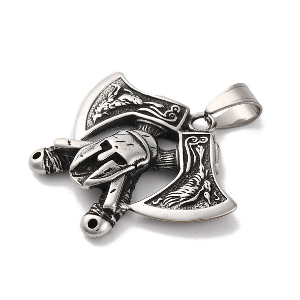 War Helmet & Axes Pendant, Stainless Steel, 39x48mm