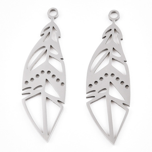 Stainless Steel, Cutout, Feather, 33x10mm, 2 PCS