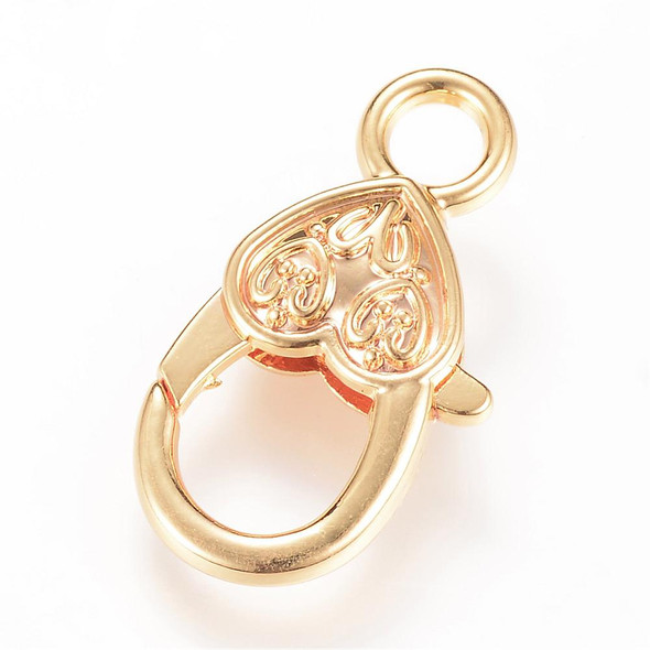 Lobster Claw Clasp, Heart, 27x14mm, Shiny Gold Plated Alloy, 6 PCS