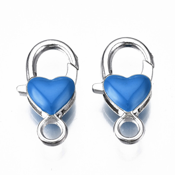 Lobster Claw Clasp, Heart, 27x14mm, Alloy & Enamel, Blue, 5 PCS