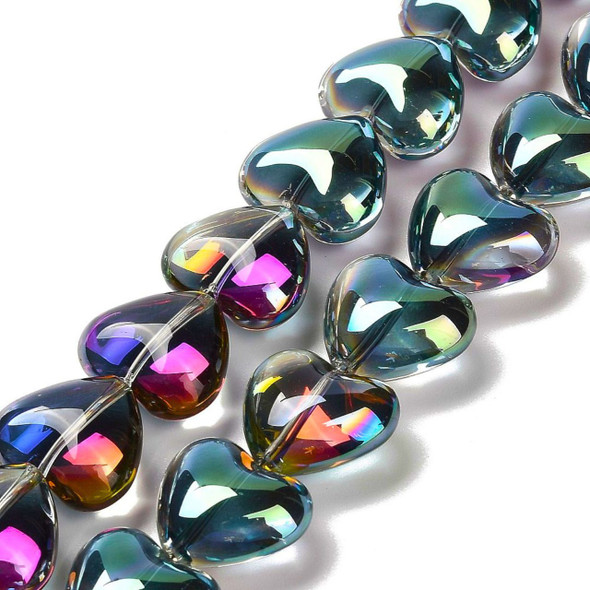 Heart Shape, Smooth, Glass, 12x15x8mm, Green Rainbow, One 24in Strand