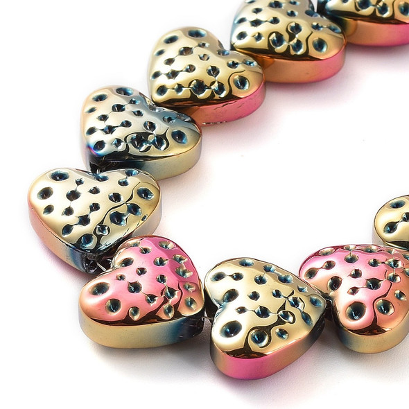 Heart Shape, Dimpled, Glass, 13x15mm, Half Plated, Fuchsia & Gold, One 25in Strand