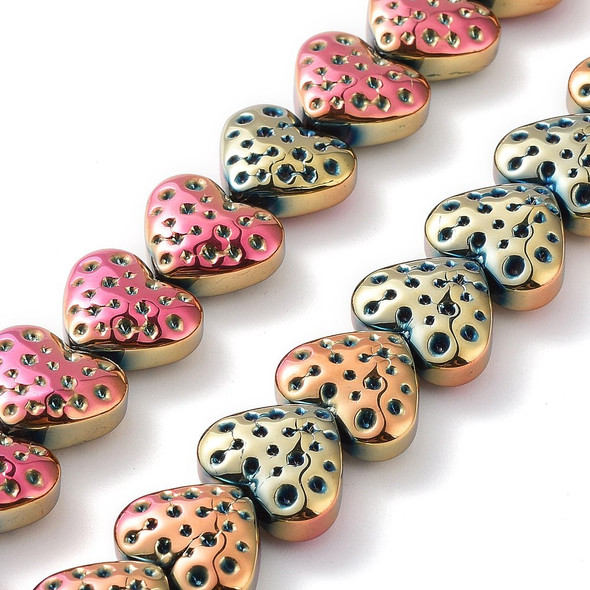 Heart Shape, Dimpled, Glass, 13x15mm, Half Plated, Fuchsia & Gold, One 25in Strand