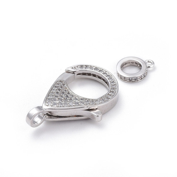Lobster Claw Clasp, With Bail, 27x17mm, Brass, Platinum Plated, Cubic Zirconia, 1 Set