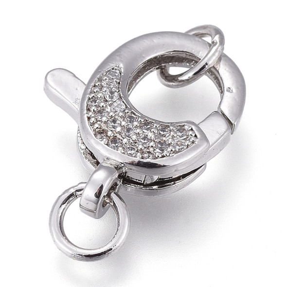 Lobster Claw Clasp, 16x12mm, Brass, Platinum Plated, Cubic Zirconia, 1 PC