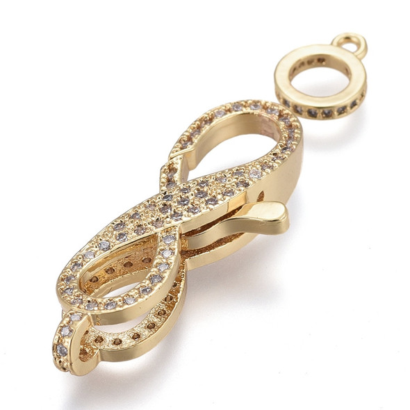 Lobster Claw Clasp, Infinity, With Bail, 32x13mm, Brass, 18K Gold Plated, Cubic Zirconia, 1 Set