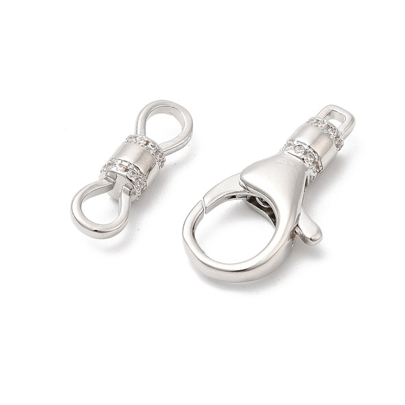 Lobster Claw Clasp, 37mm, Brass, Platinum Plated, Cubic Zirconia, 1 Set