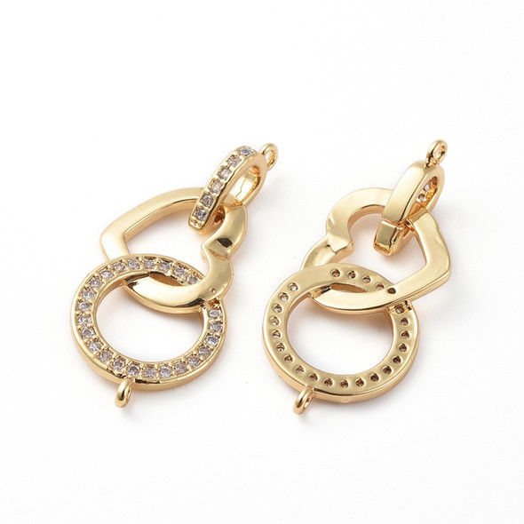 Link Connector, Ring & Heart, 13x30mm, Plated Brass, Golden, Cubic Zirconia, 1 PC