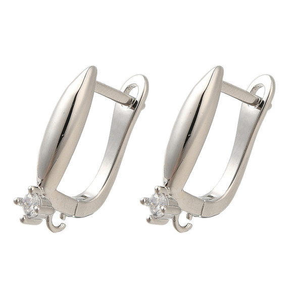 Ear Wires, Hoop Clasp, 18x4mm, 20 gauge, Brass, Platinum Plated, Cubic Zirconia, 1 Pair