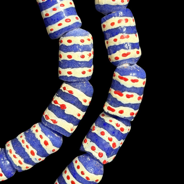 African Glass, Krobo, Blue & White Stripes, 16x11mm