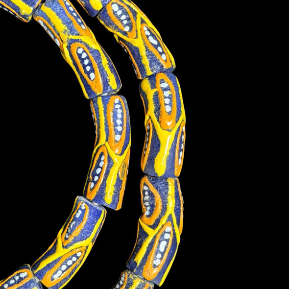 African Glass, Krobo, Blue, Orange & Yellow, 28x12mm, 24in Strand