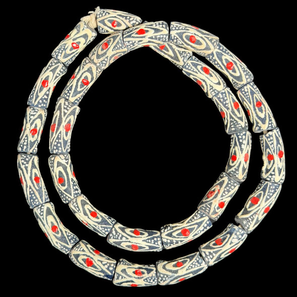 African Glass, Krobo, Black, White & Red, 28x11mm, 24in Strand