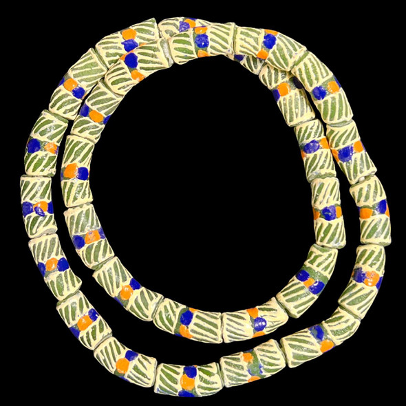 African Glass, Krobo, Green & White, Orange & Blue Dots, 30x14mm, 24in Strand