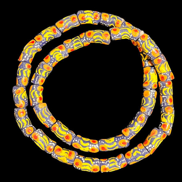 African Glass, Krobo, Blue & Yellow, Orange & Red Dots, 24x12mm, 24in Strand