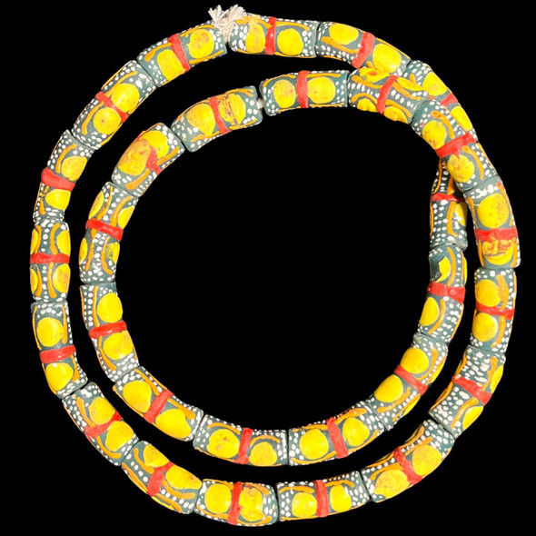 African Glass, Krobo, Green, Orange & Red, Yellow Dots, 30x11mm, 24in Strand