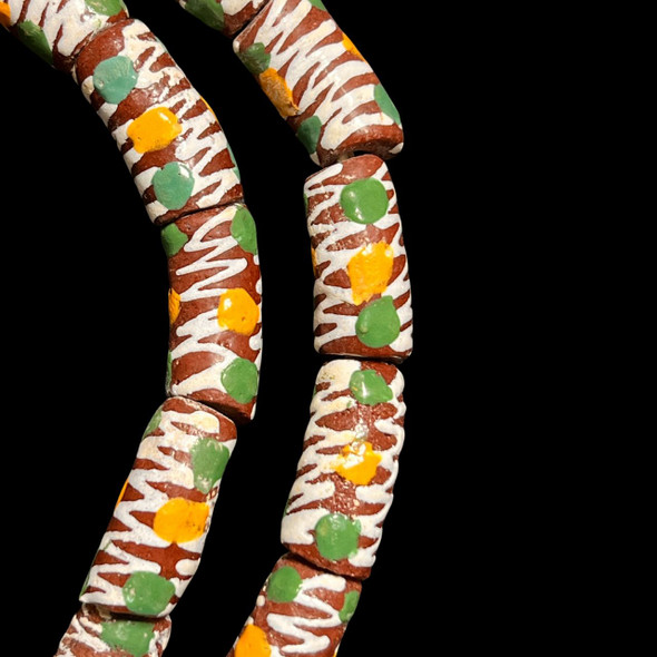 African Glass, Krobo, Brown & White, Green & Orange Dots, 22x11mm, 24in Strand