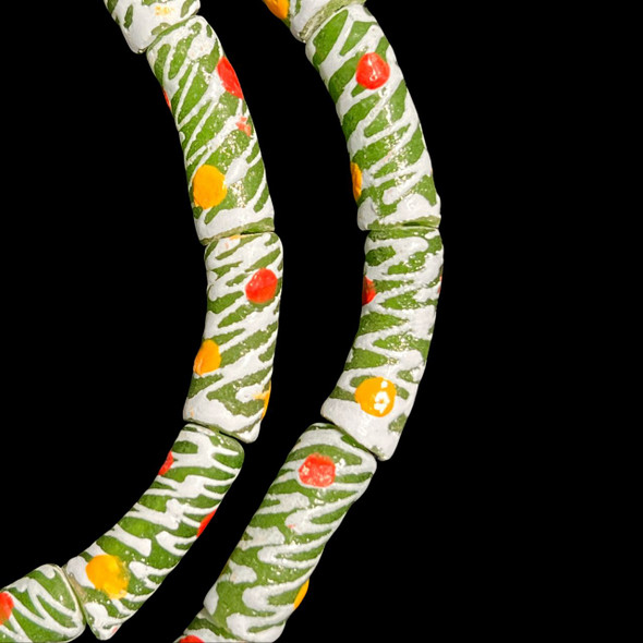 African Glass, Krobo, Green & White, Yellow & Red Dots, 27x10mm, 24in Strand