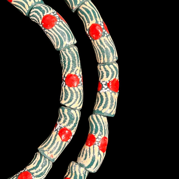 African Glass, Krobo, Green & White, Red Dots, 26x10mm, 24in Strand