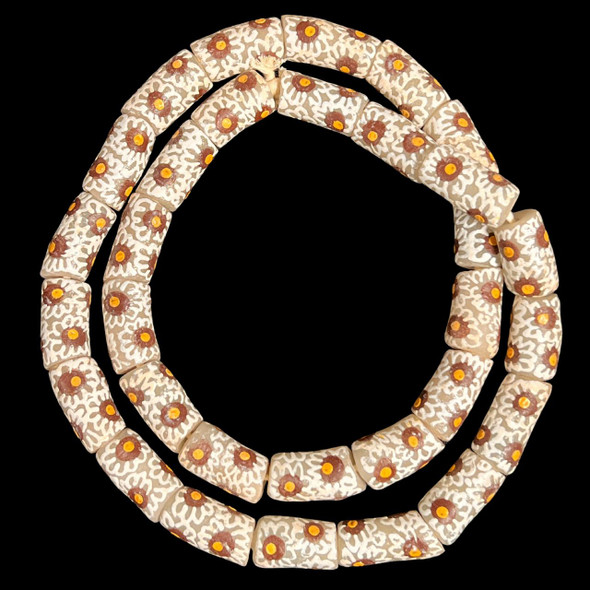 African Glass, Krobo, Flowers, Brown & White, 28x15mm, 24in Strand