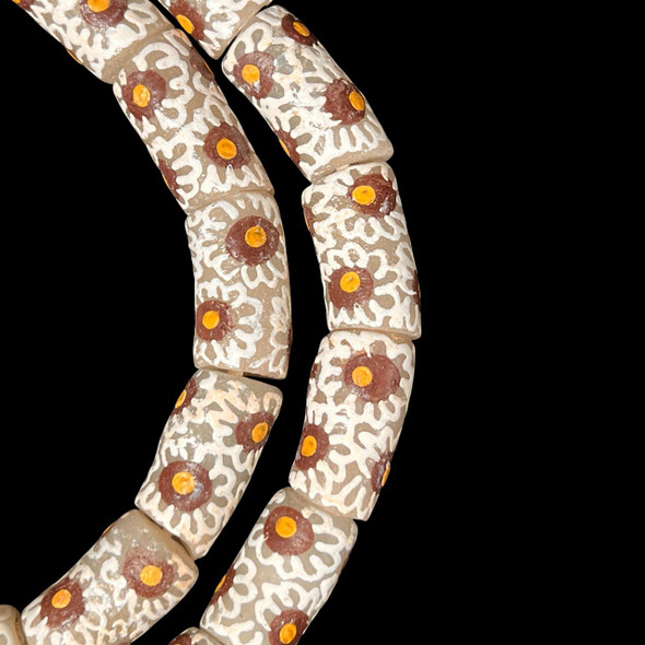 African Glass, Krobo, Flowers, Brown & White, 28x15mm, 24in Strand