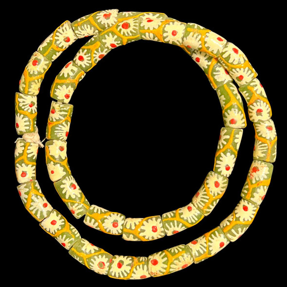 African Glass, Krobo, Flowers, White & Red, Green & Orange, 28x12mm, 24in Strand