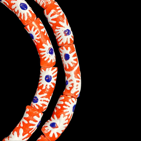 African Glass, Krobo, Flowers, Red, White & Blue, 26x11mm, 24in Strand