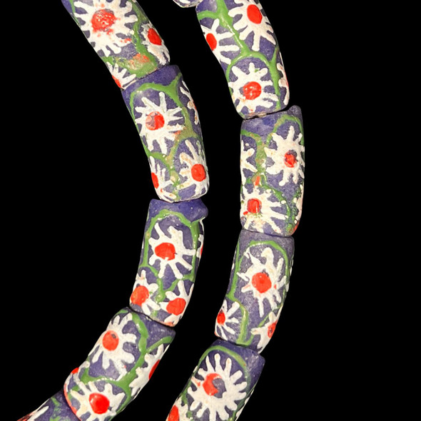 African Glass, Krobo, Flowers, White & Red, Blue & Green, 26x11mm, 24in Strand