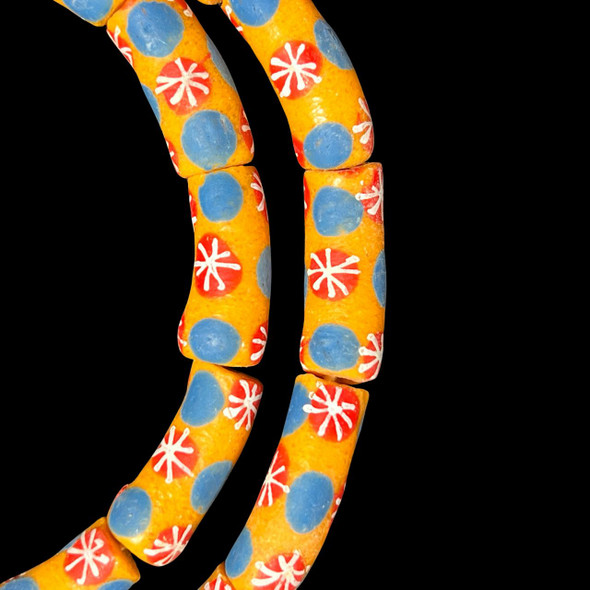 African Glass, Krobo, Orange, Blue & Red Dots, 32x11mm, 24in Strand
