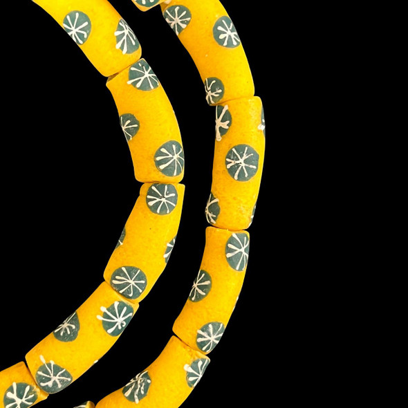 African Glass, Krobo, Yellow & Green Dots, 32x11mm, 24in Strand