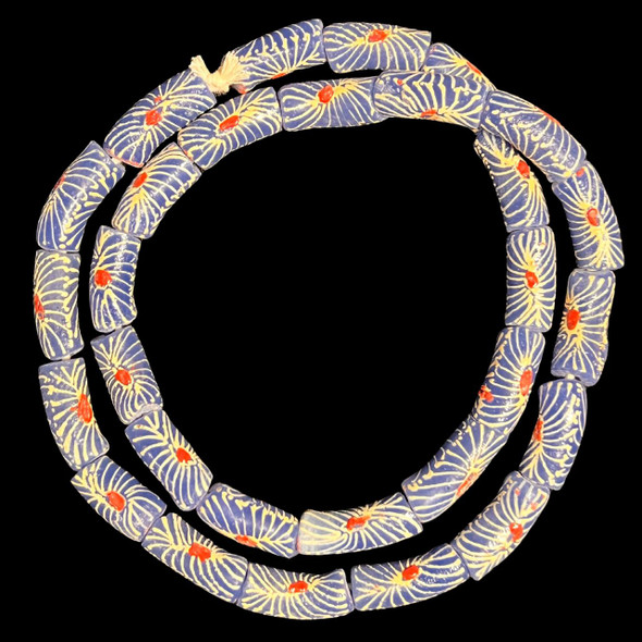 African Glass, Krobo, Blue & White, Red Dots, 26x11mm, 24in Strand