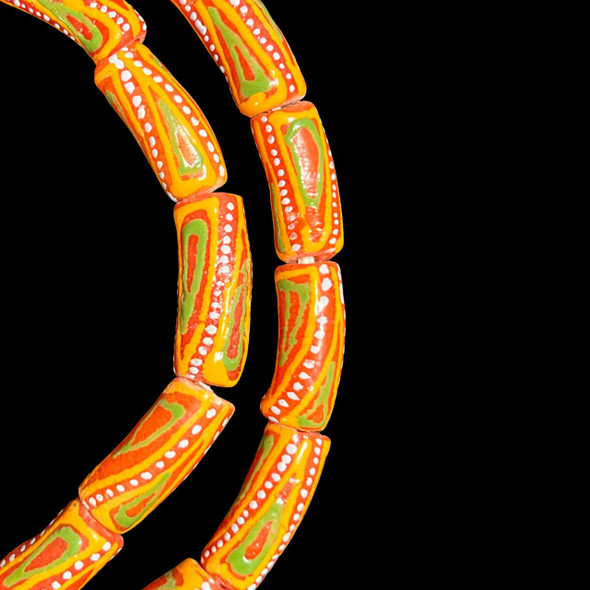 African Glass, Krobo, Red, Orange & Green, 26x10mm, 24in Strand