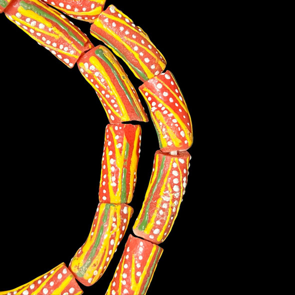African Glass, Krobo, Red, Yellow & Green, 26x11mm, 24in Strand