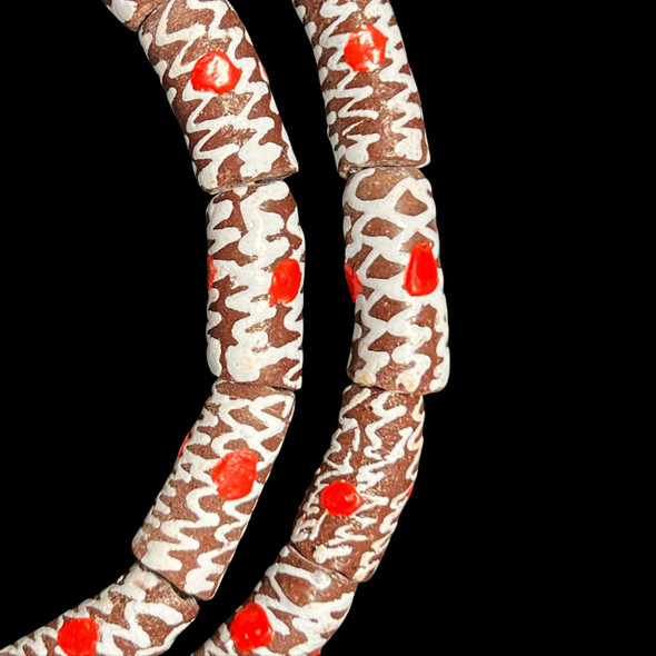 African Glass, Krobo, Brown & White, Red Dots, 28x11mm, 24in Strand