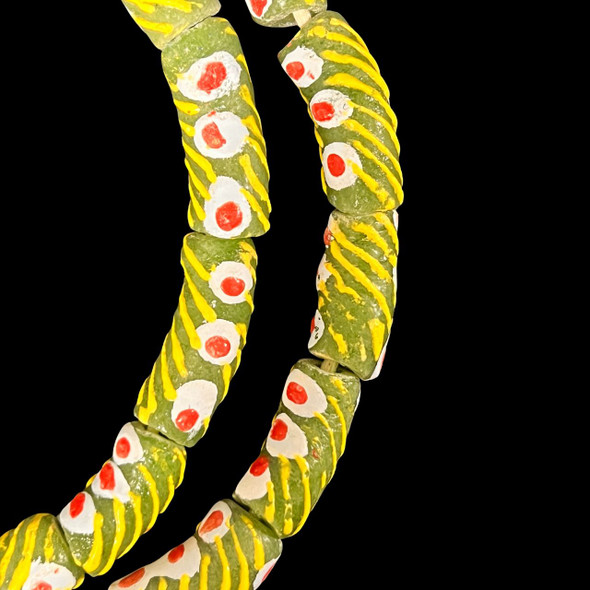 African Glass, Krobo, Green & Yellow, White & Red Dots, 26x12mm, 24in Strand