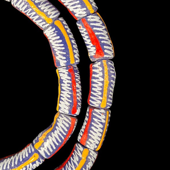 African Glass, Krobo, Blue & White, Red & Orange Stripes, 26x13mm, 24in Strand