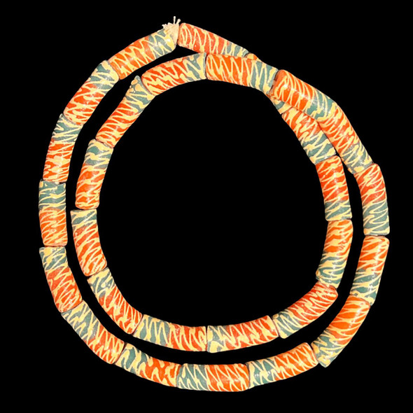 African Glass, Krobo, Teal, Red & White, 28x9mm, 24in Strand